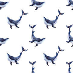 Seamless watercolor pattern with whales on a white background. Watercolor illustration with a whale for fabrics, clothing, postcards, packaging paper. Nautical theme.