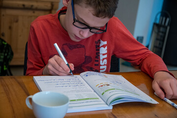Fototapeta na wymiar Home schooling Child does his schoolwork at home