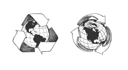 Handdrawn world globe recycle symbol