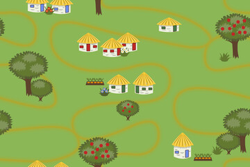 rural landscape - houses and trees, - seamless pattern