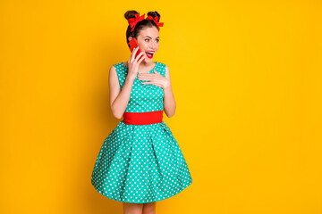 Photo of surprised girl use smartphone listen incredible news wear skirt isolated bright shine color background