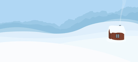 Snowy hills with single wooden house, panoramic landscape - symbol for solitude, seclusion, loneliness, tranquility, romance, calmness and peace in winter. Comic vector illustration.
