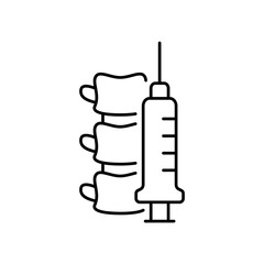 Spinal or epidural anesthesia. Linear icon of spine and syringe. Black simple illustration of medical injection into nerve. Contour isolated vector pictogram on white background