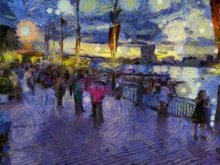 Landscape of the Chao Phraya River Illustrations creates an impressionist style of painting.