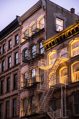New York City apartment buildings in the evening with lights