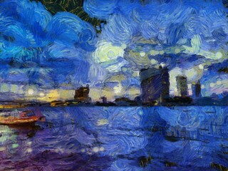 Fototapeta na wymiar Landscape of the Chao Phraya River Illustrations creates an impressionist style of painting.