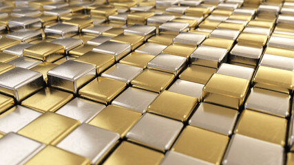 Obraz premium 3d luxury golden and silver cubes background, 3d render illustration