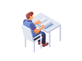 Student character sitting on a desk and reading a book illustration. Modern isometric flat design.