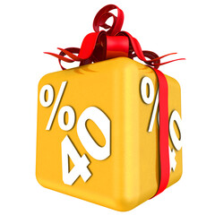 Forty percent as a gift. The gold cube with the inscription FORTY PERCENT is tied with a scarlet ribbon with a bow. 3D illustration
