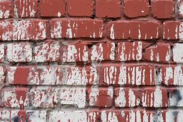 Old gray brick wall with smudges of red paint. Stone texture for poster, grunge design. Horizontal orientation