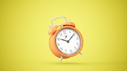 3D rendering orange alarm clock isolated on yellow background