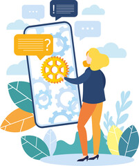 Modern flat colorful vector illustration. A set of images of men and women for business and infographics. Cell phone. Problem solution.