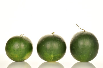 Ripe organic watermelons, close-up, on a white background.
