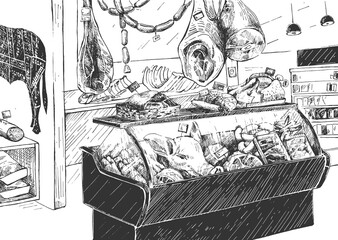 Supermarket butcher shop counter