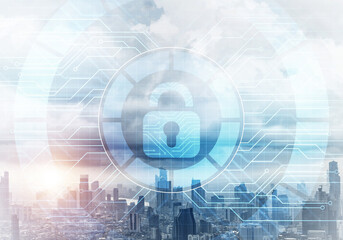 Cybersecurity mixed media with virtual padlock