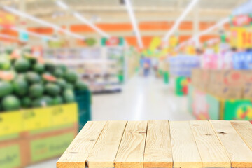 Wood floor and Supermarket blur background, Product display, template,