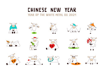 White metal ox. Symbol of Chinese New Year 2021. Smiling bull, cow. Set of vector illustrations in cartoon style isolated on white. Clip art for your design. Collection of funny cute kawaii characters