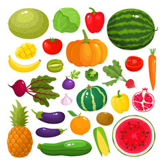 Colorful cartoon fruit and vegetables icons isolated on white.