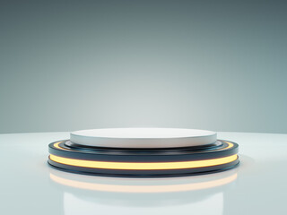3D render. Futuristic product showcase. Abstract minimal background. Neon lights. Ring with light over empty podium stagem. Pedestal with neon. Round frame