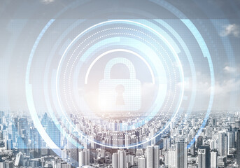 Cybersecurity mixed media with virtual padlock