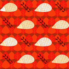 Hedgehog animal and autumn leaf repeat pattern and seamless vector