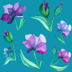 Fototapeta na wymiar Purple flowers watercolor seamless pattern. For prints, invitations, textiles, calendars, posters.