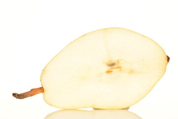 Ripe organic yellow-red pears, close-up, on a white background.
