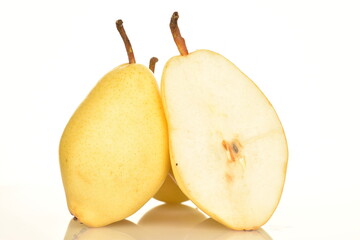 Ripe organic yellow-red pears, close-up, on a white background.