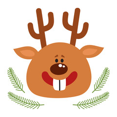 Vector illustration of cartoon Christmas deer head isolated on white.