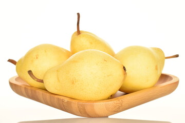 Ripe organic yellow-red pears, close-up, on a white background.