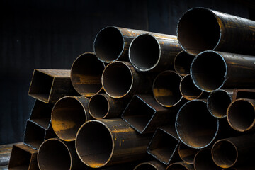 Metal rusty pipes in storage, side view, dark background. Pipe line, iron, tubes, building construction, metal works.