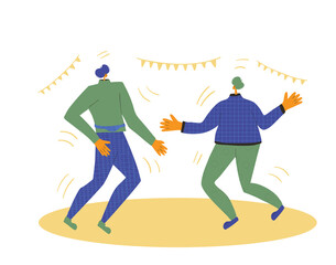 Holiday event. Two characters wearing in casual clothes dancing together isolated on a white background. Persons jumping and have fun. Vector flat illustration.