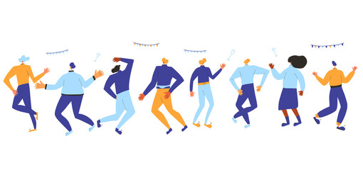 Dancing people. Male and female characters wearing in casual clothes dancing isolated on a white background. Persons jumping and have fun. Vector flat illustration.