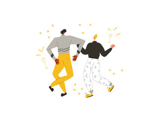Fototapeta na wymiar Date. Friends dancing. Two characters wearing in casual clothes spending time together isolated on a white background. Persons jumping and have fun. Vector flat illustration.