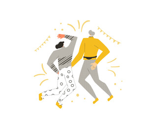 Holiday event. Two characters wearing in casual clothes dancing together isolated on a white background. Persons jumping and have fun. Vector flat illustration.