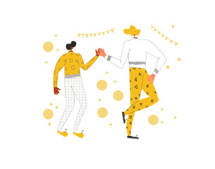 Holiday event. Two characters wearing in casual clothes dancing together isolated on a white background. Persons jumping and have fun. Vector flat illustration.