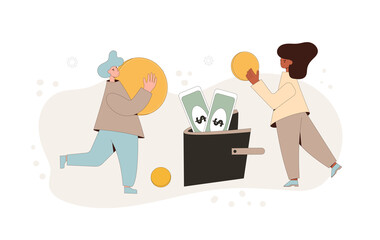 Family budget concept. Young pair holding a huge coin and putting it in wallet with coins and banknotes. Line art vector illustration