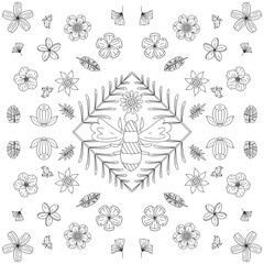 Obraz premium Doodle floral vector pattern. Seamless backgrounds with hand drawn flowers, leaves, branches. Graphic monochrome black and white design.
