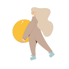 Female character wearing in casual clothes with money in her hands isolated on a white background. Young cute woman witn coin. Person with income. Vector line art flat illustration.