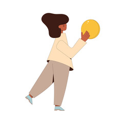 Female character wearing in casual clothes with money in her hands isolated on a white background. Young cute woman witn coin. Person with income. Vector line art flat illustration.