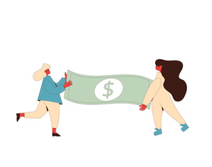 Fototapeta na wymiar Two girls with money. Adult characters with banknote isolated on white background. Female persons wearing in casual clothes with income. Vector illustration.