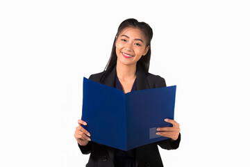 Asian business woman wearing suit, holding documents in hands and looking at camera. isolated