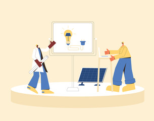 Solar energy system presentation concept. Installing solar modules. CEO ingineer and manager give a repord abou their company service. Renewable alternative electricity. Vector illustration.