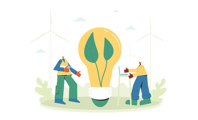 Clean energy monitoring concept. Windmills. Professional control renewable sources wind. Bulb with green leaves surrounded by people. Sustainable development. Vector flat illustration