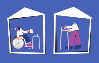 Remote work concept. Adult characters with laptops have a videoconference from their home. Female and male cpwprkers, parthners wearing in casual clothes talking online about documents. Vector.