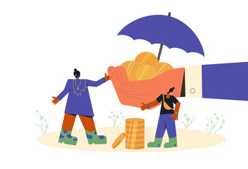 Family budget concept. Family holding a huge coin and wallet with coins and banknotes under an umbrella. Parents and kids with capital. Financial savings and insurance. Flat illustration.