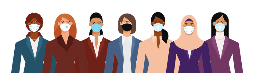 Fototapeta premium Crowd of diverse business woman wearing face mask to protect themselves from the epidemic. Flat design vector illustration.