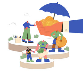 Protection money. Financial savings and insurance. Family and single  characters with coins under an umbrella. Female and male persons wearing in casual clothes with deposit. Vector illustration.