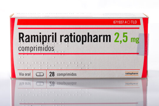 A box of Ramipril tablets from the Ratiopharm company isolated