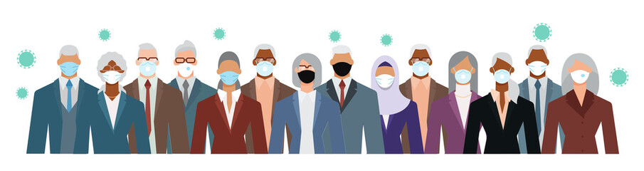 Crowd of diverse senior age business people wearing face mask to protect themselves from the epidemic. Flat design vector illustration.